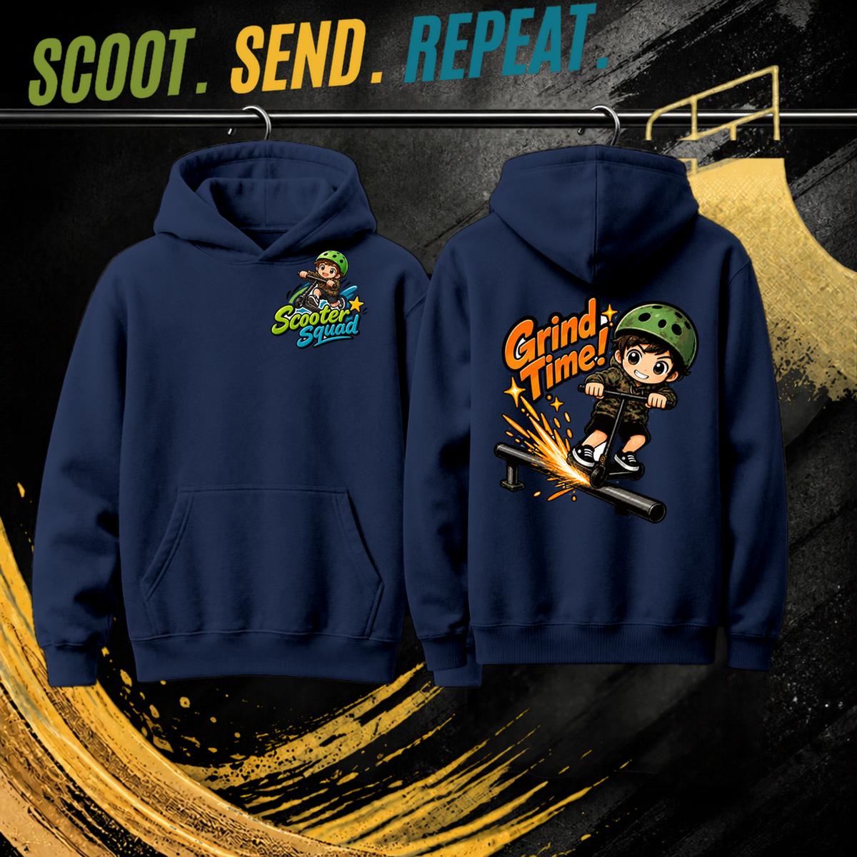Grind Time kids hoodie in navy, Scooter Squad logo front, Grind Time on the back
