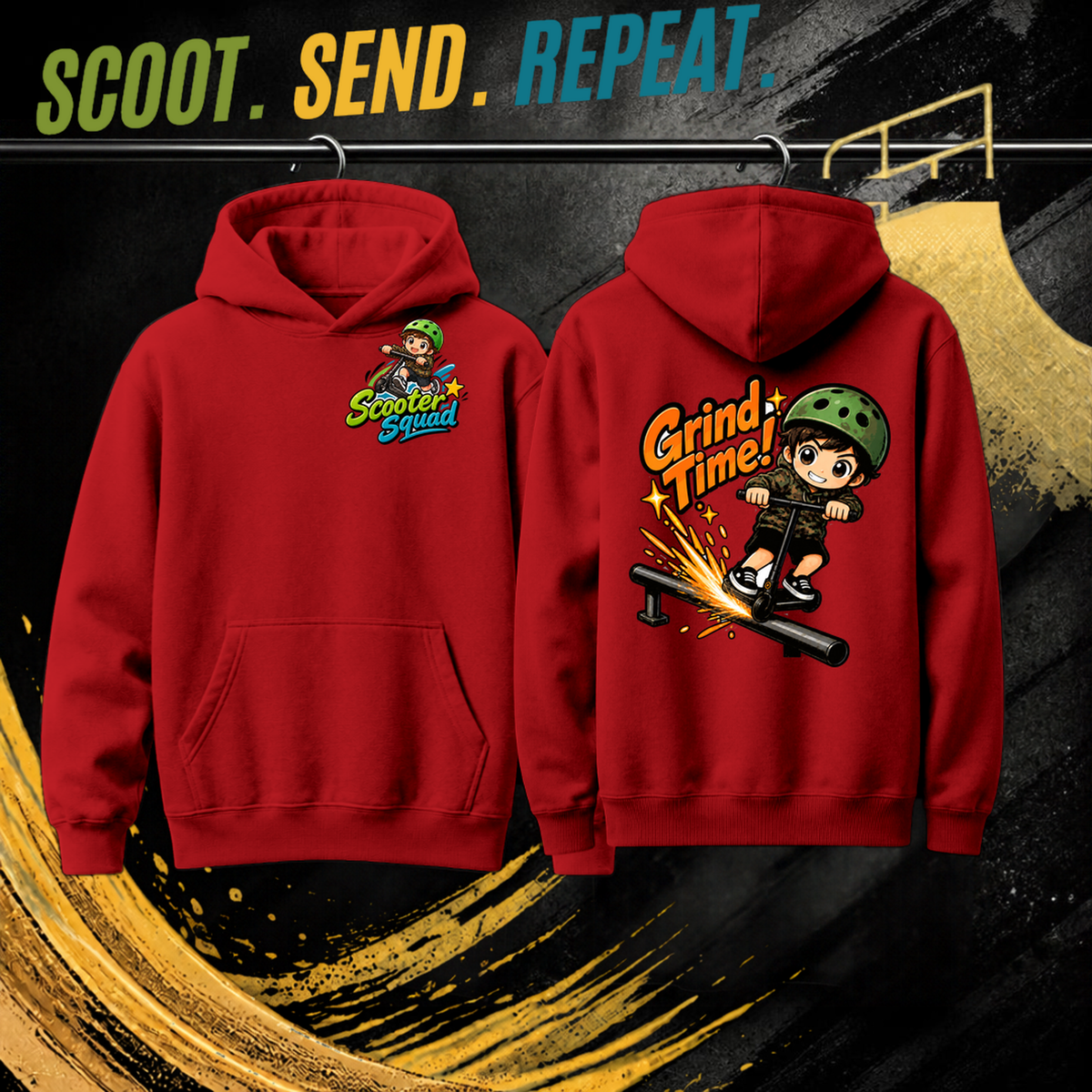 Grind Time kids hoodie in red, Scooter Squad logo front, Grind Time on the back