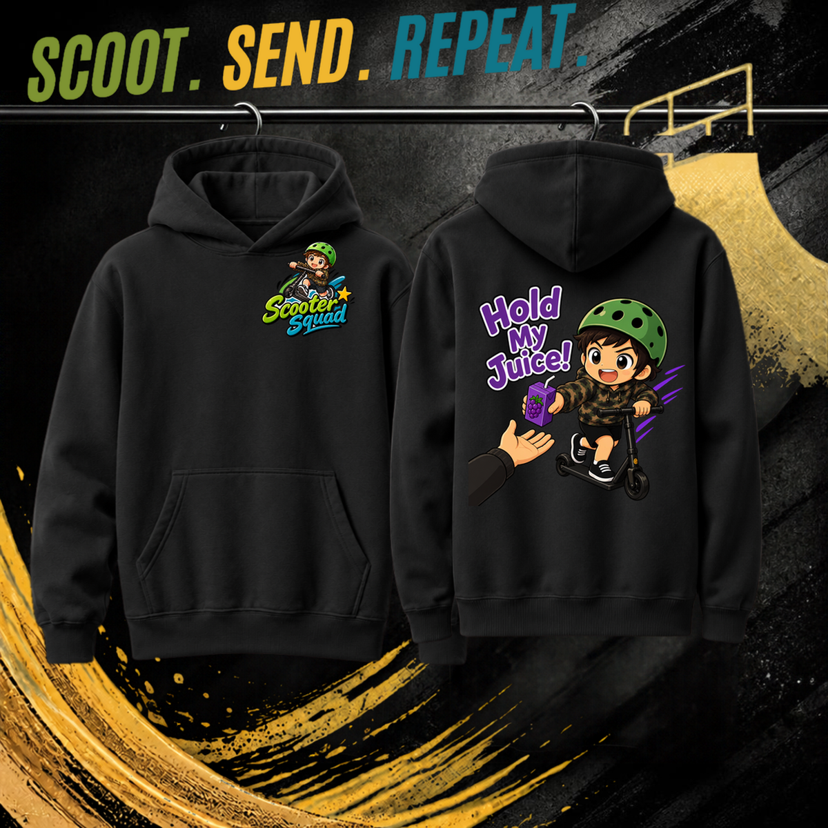 Hold My Juice kids hoodie in black, Scooter Squad logo front, Hold My Juice on the back