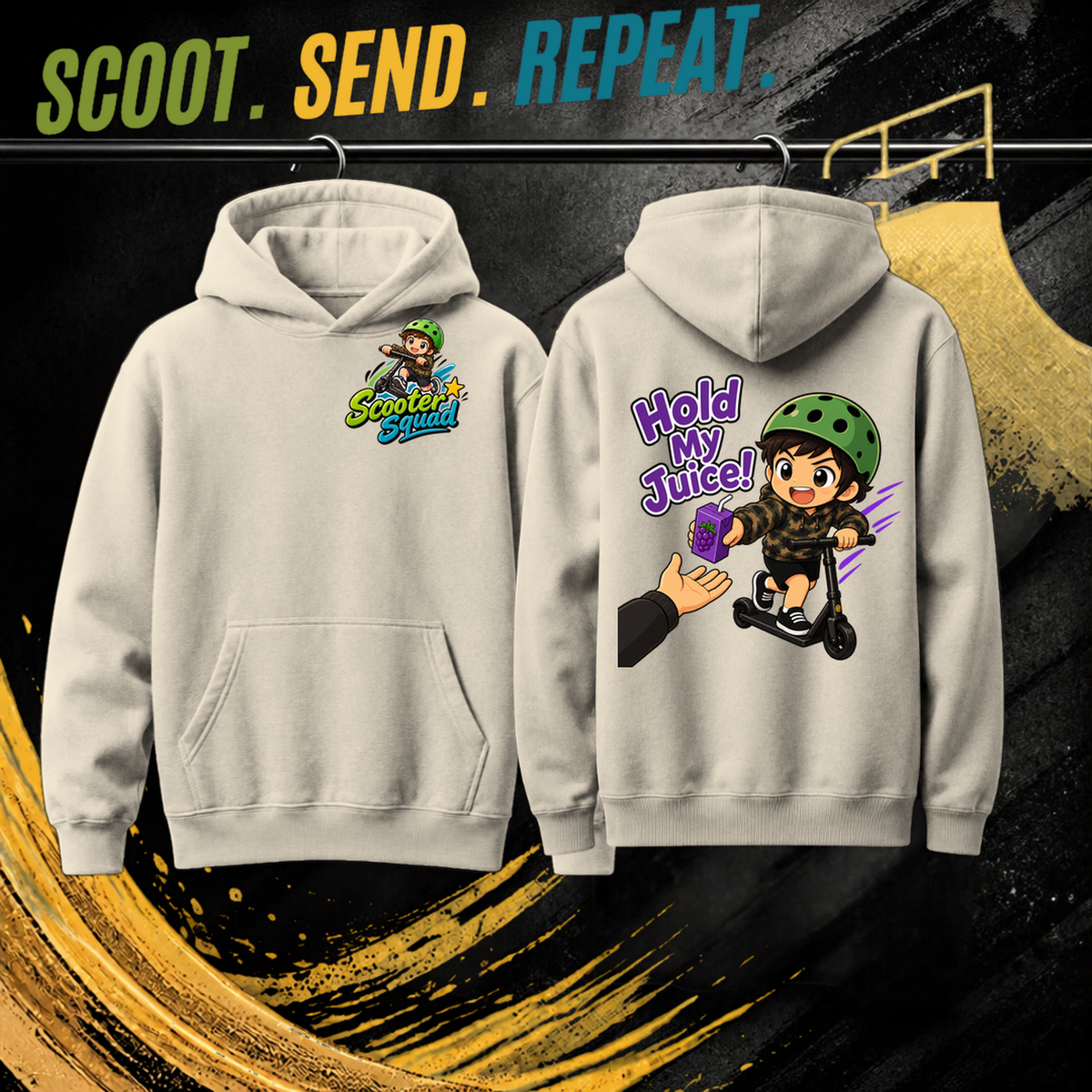Hold My Juice kids hoodie in ecru, Scooter Squad logo front, Hold My Juice on the back