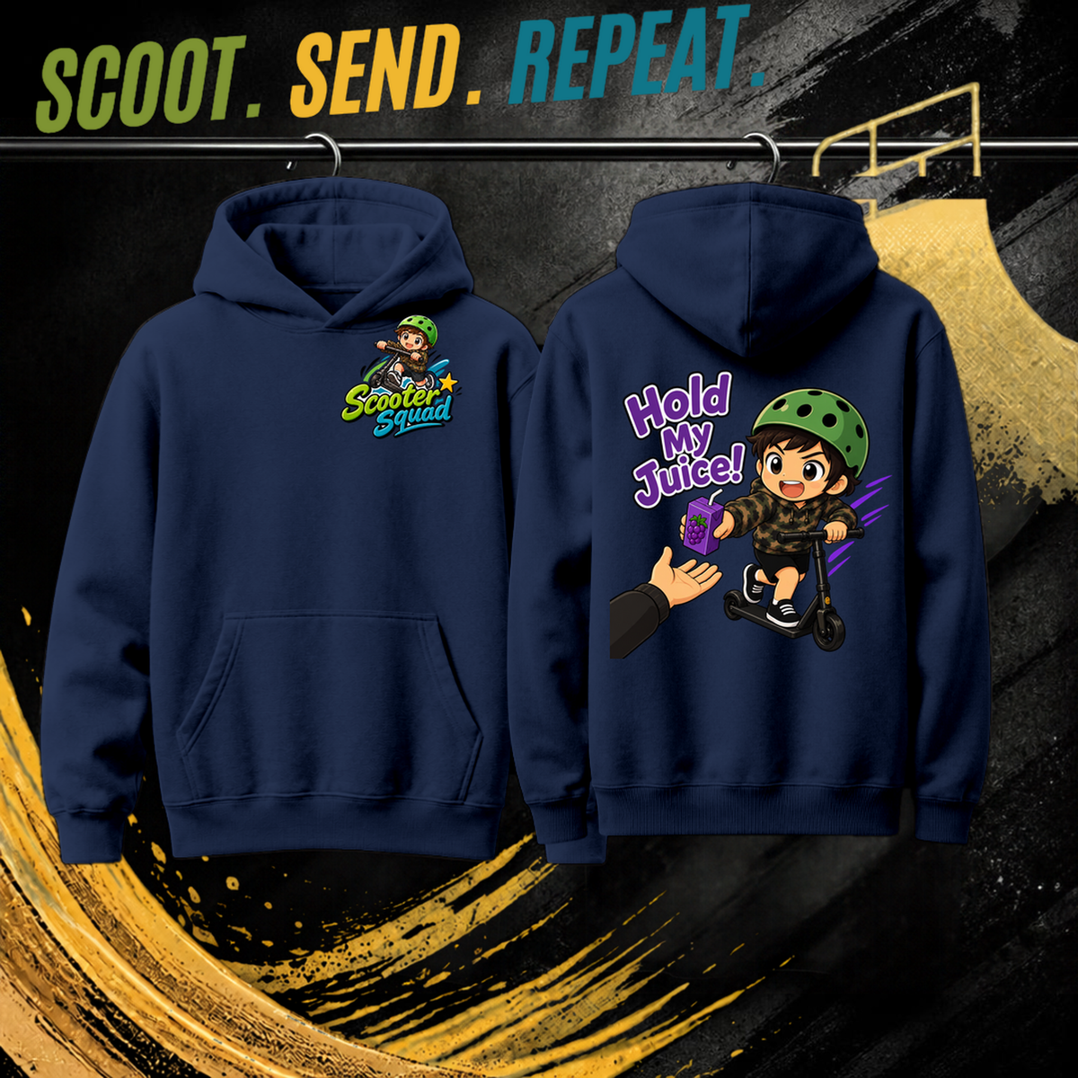 Hold My Juice kids hoodie in navy, Scooter Squad logo front, Hold My Juice on the back