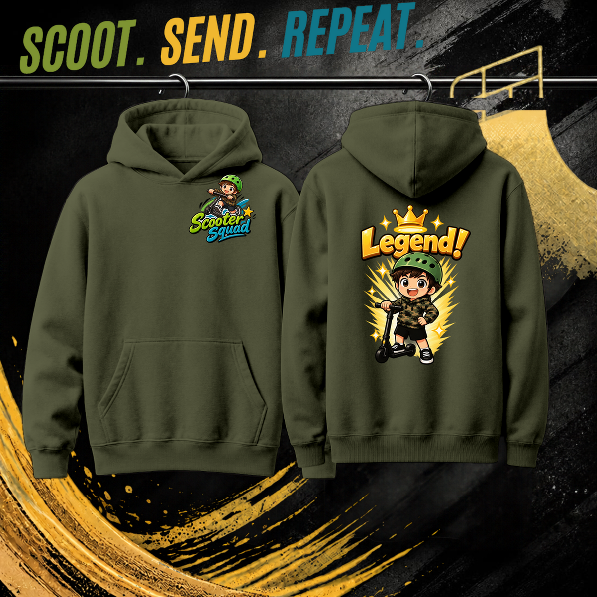 Legend kids hoodie in army, Scooter Squad logo front, Legend on the back
