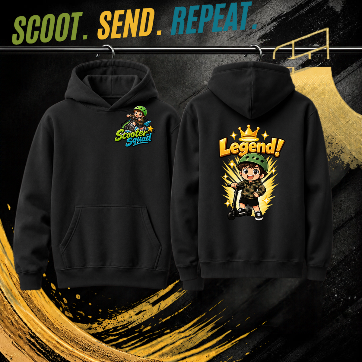 Legend kids hoodie in black, Scooter Squad logo front, Legend on the back