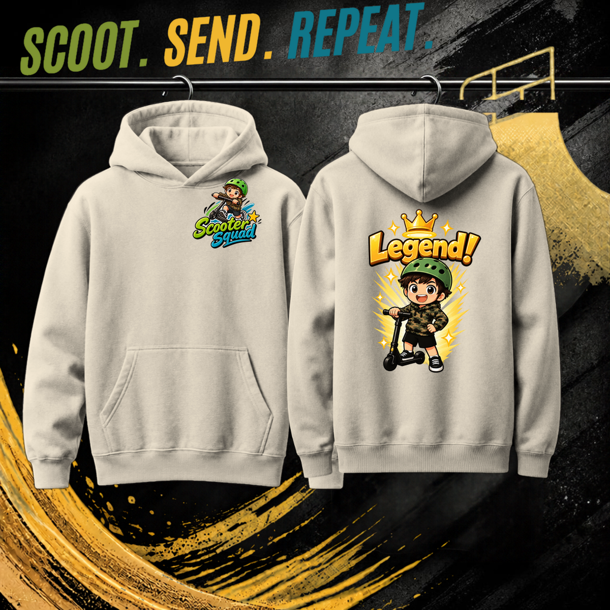 Legend kids hoodie in ecru, Scooter Squad logo front, Legend on the back