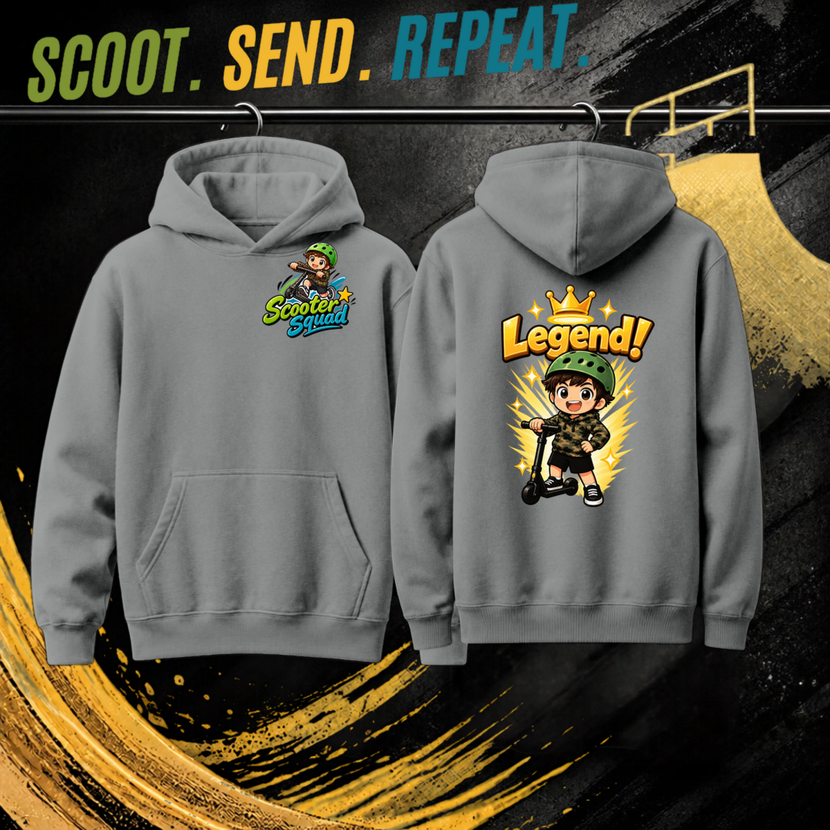 Legend kids hoodie in grey marle, Scooter Squad logo front, Legend on the back