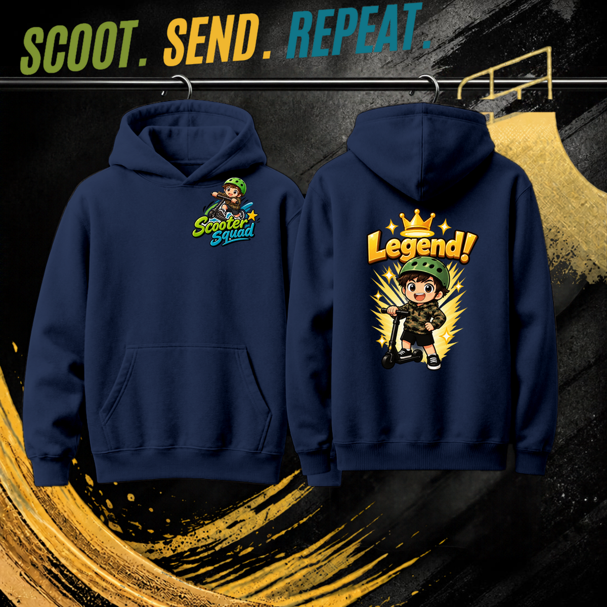 Legend kids hoodie in navy, Scooter Squad logo front, Legend on the back