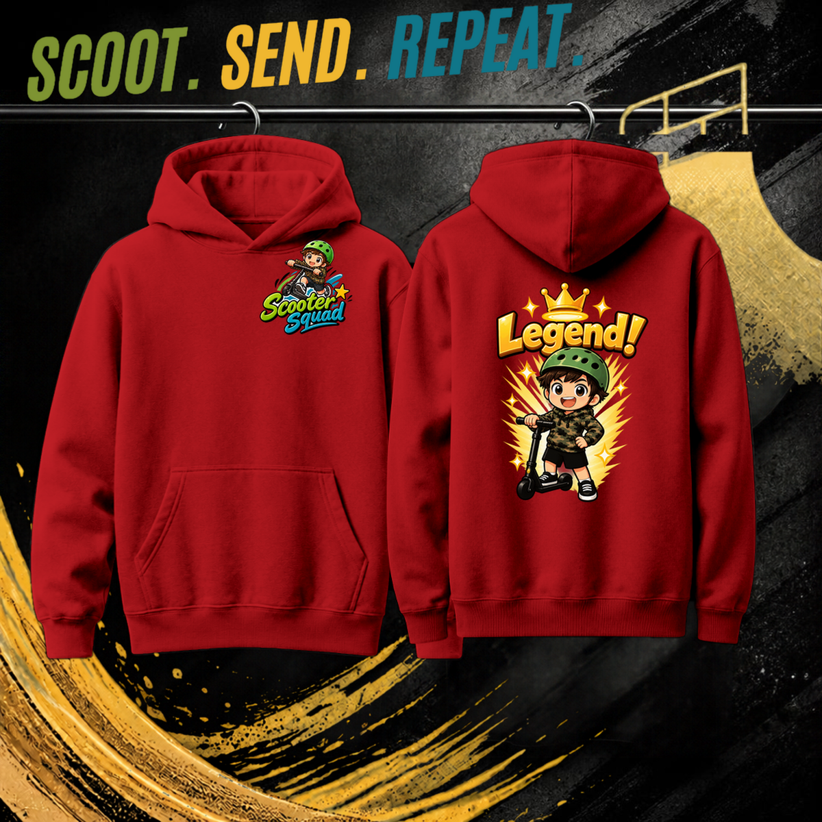 Legend kids hoodie in red, Scooter Squad logo front, Legend on the back