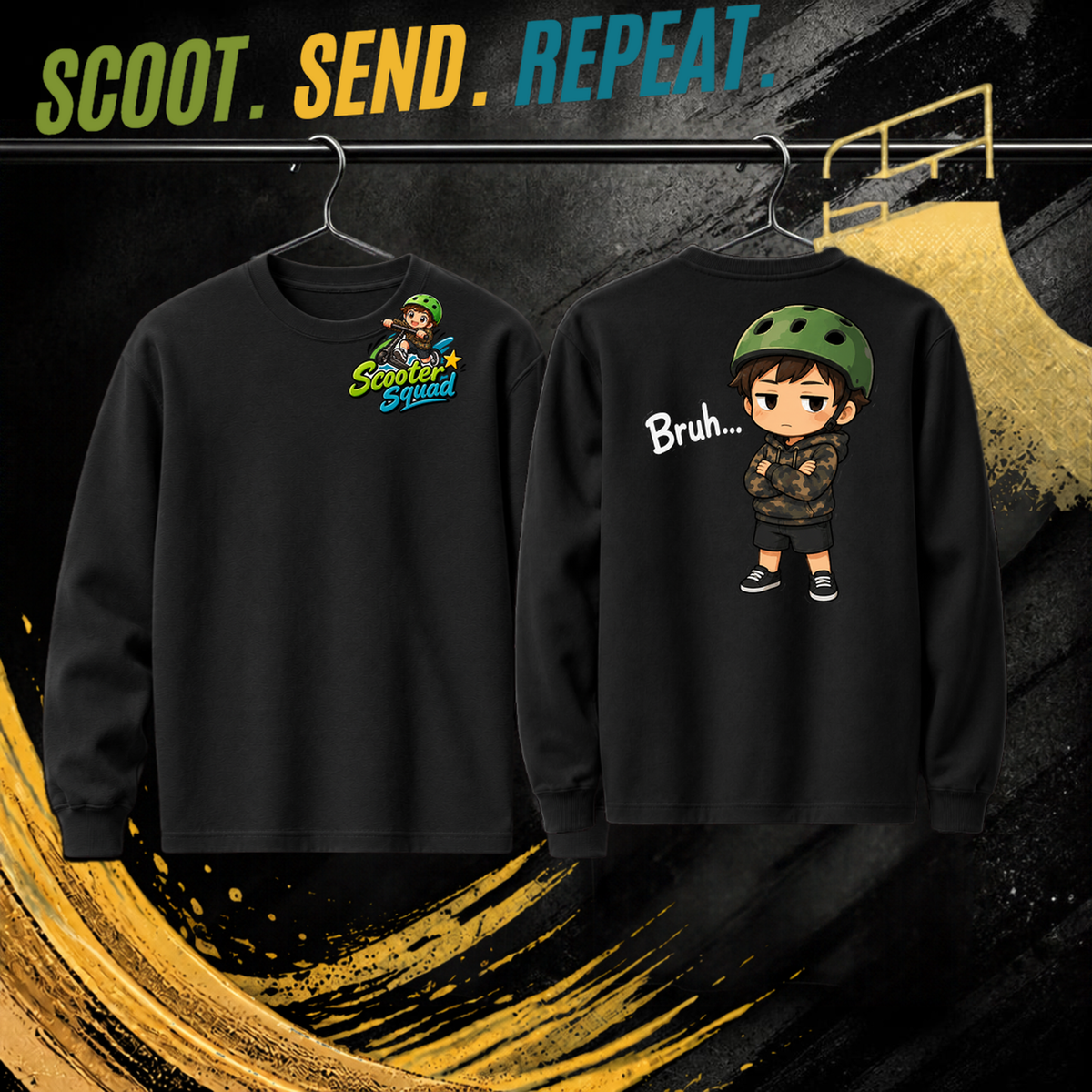 Bruh kids long sleeve tee in black, Scooter Squad logo front, Bruh on the back