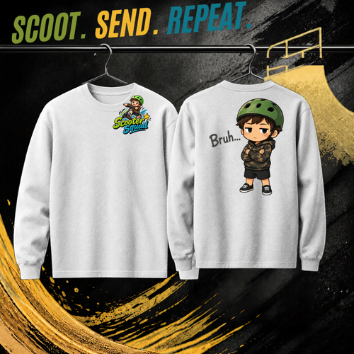 Bruh kids long sleeve tee in white, Scooter Squad logo front, Bruh on the back