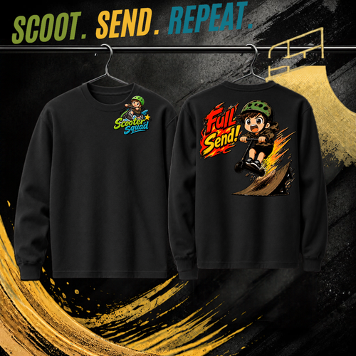 Full Send kids long sleeve tee in black, Scooter Squad logo front, Full Send on the back