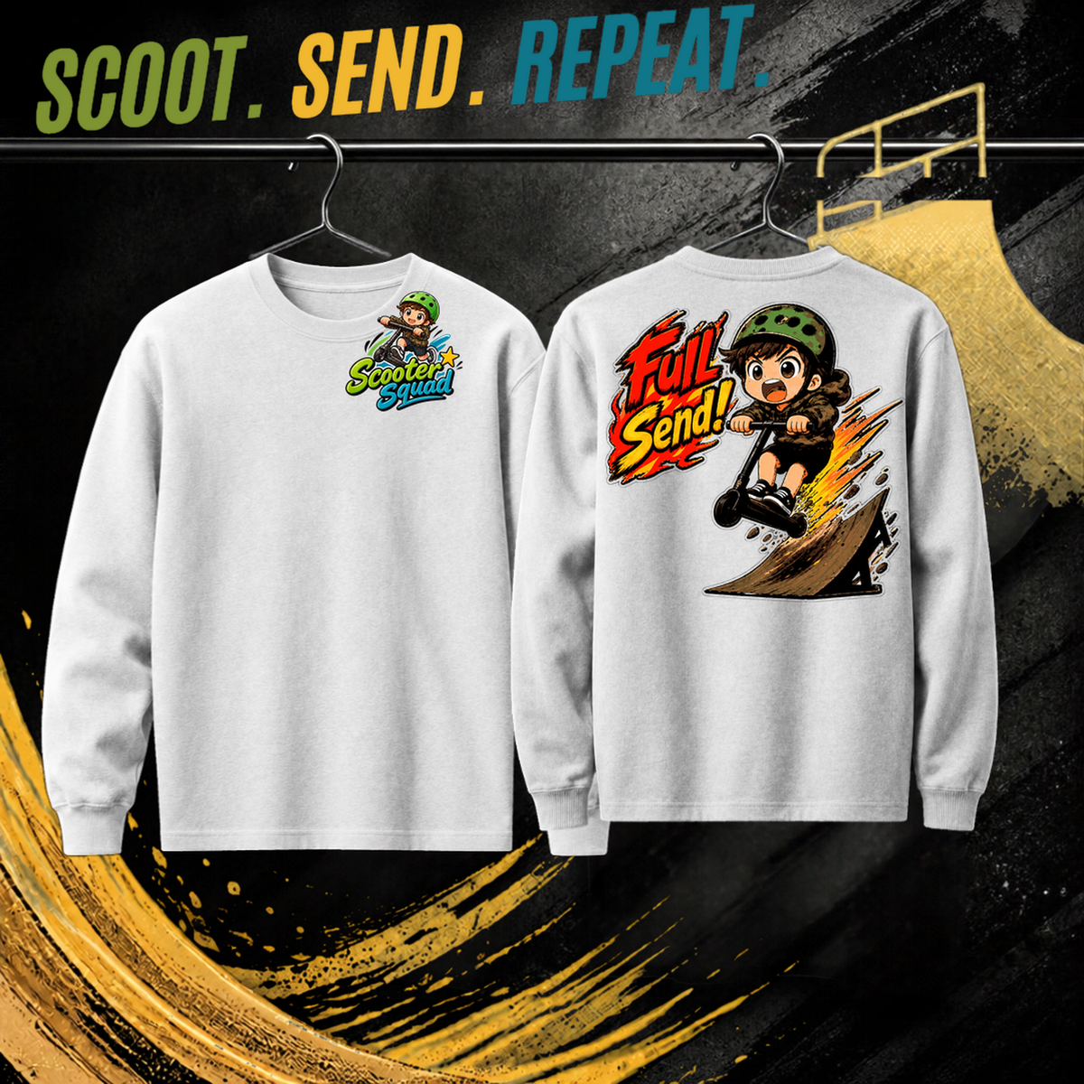 Full Send kids long sleeve tee in white, Scooter Squad logo front, Full Send on the back