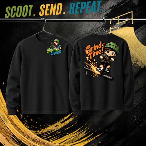 Grind Time kids long sleeve tee in black, Scooter Squad logo front, Grind Time on the back
