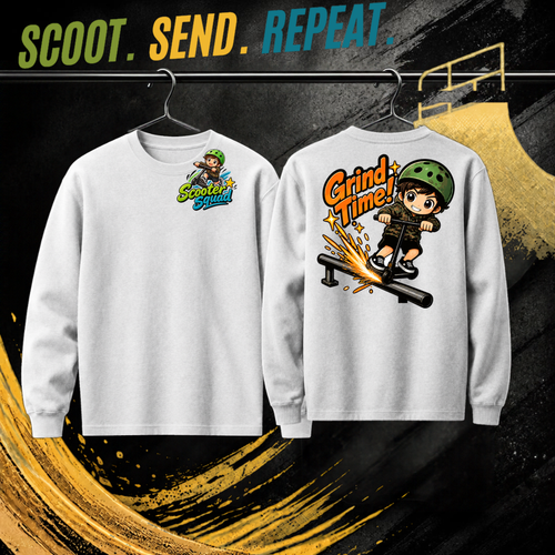 Grind Time kids long sleeve tee in white, Scooter Squad logo front, Grind Time on the back