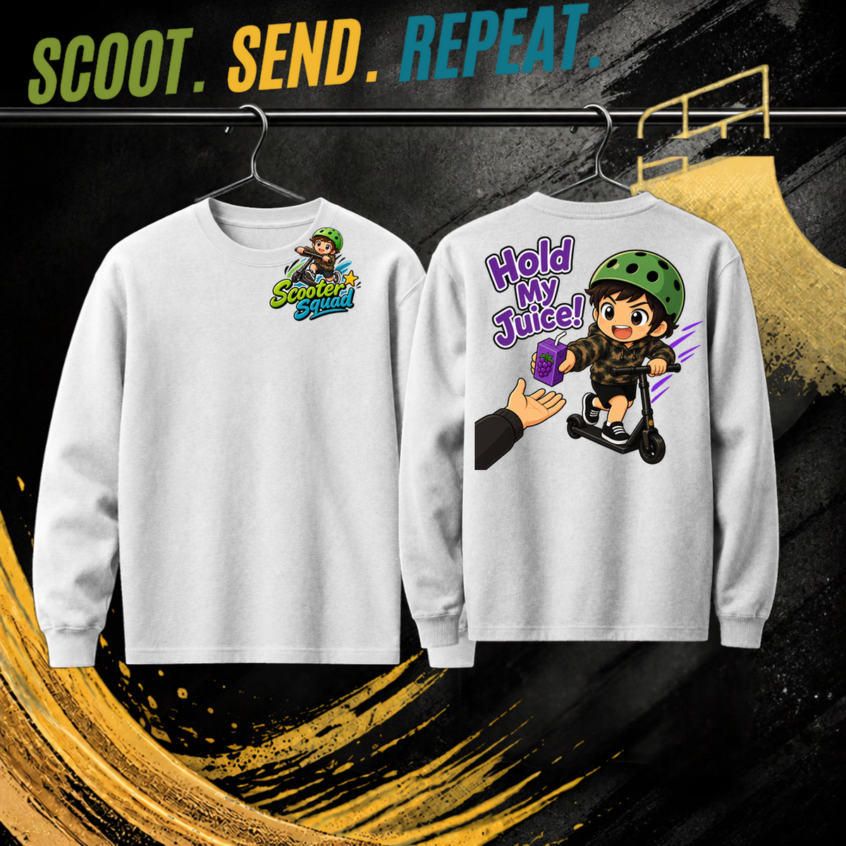 Hold My Juice kids long sleeve tee in white, Scooter Squad logo front, Hold My Juice on the back