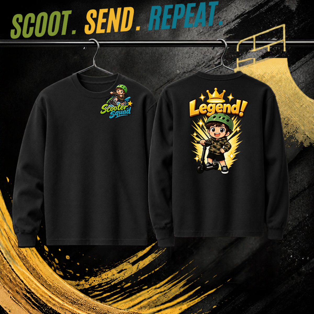 Legend kids long sleeve tee in black, Scooter Squad logo front, Legend on the back
