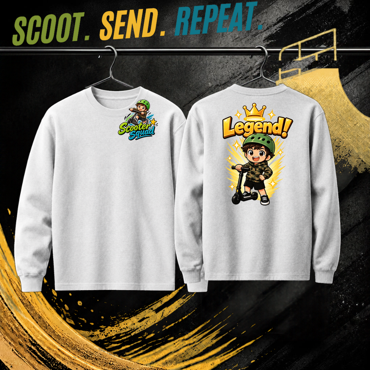 Legend kids long sleeve tee in white, Scooter Squad logo front, Legend on the back
