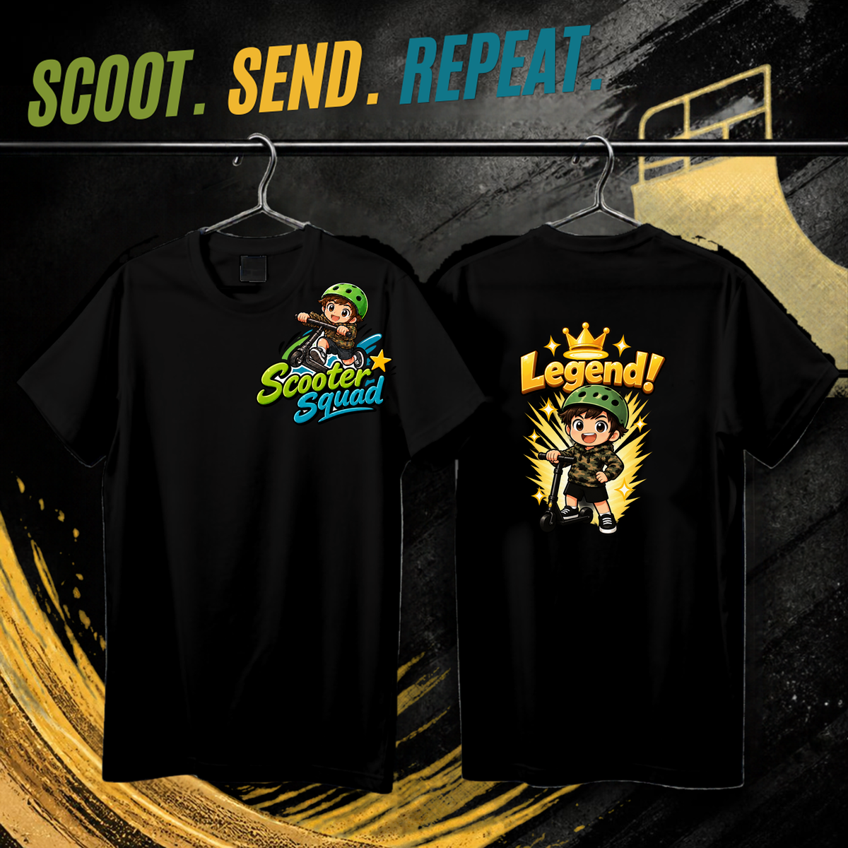 Scooter Squad Legend kids tee in black, logo on the front, Legend print on the back