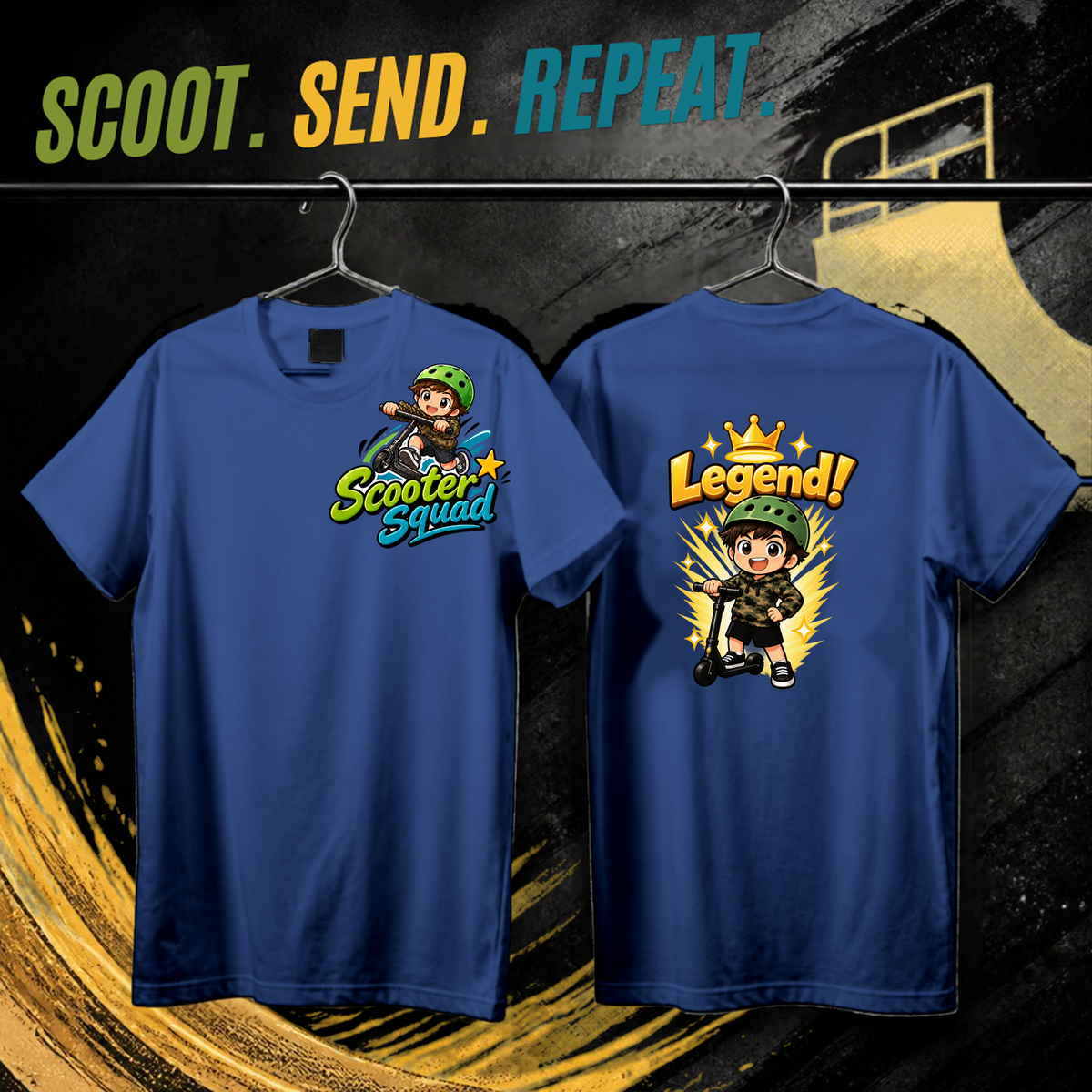 Scooter Squad Legend kids tee in royal blue, logo on the front, Legend print on the back