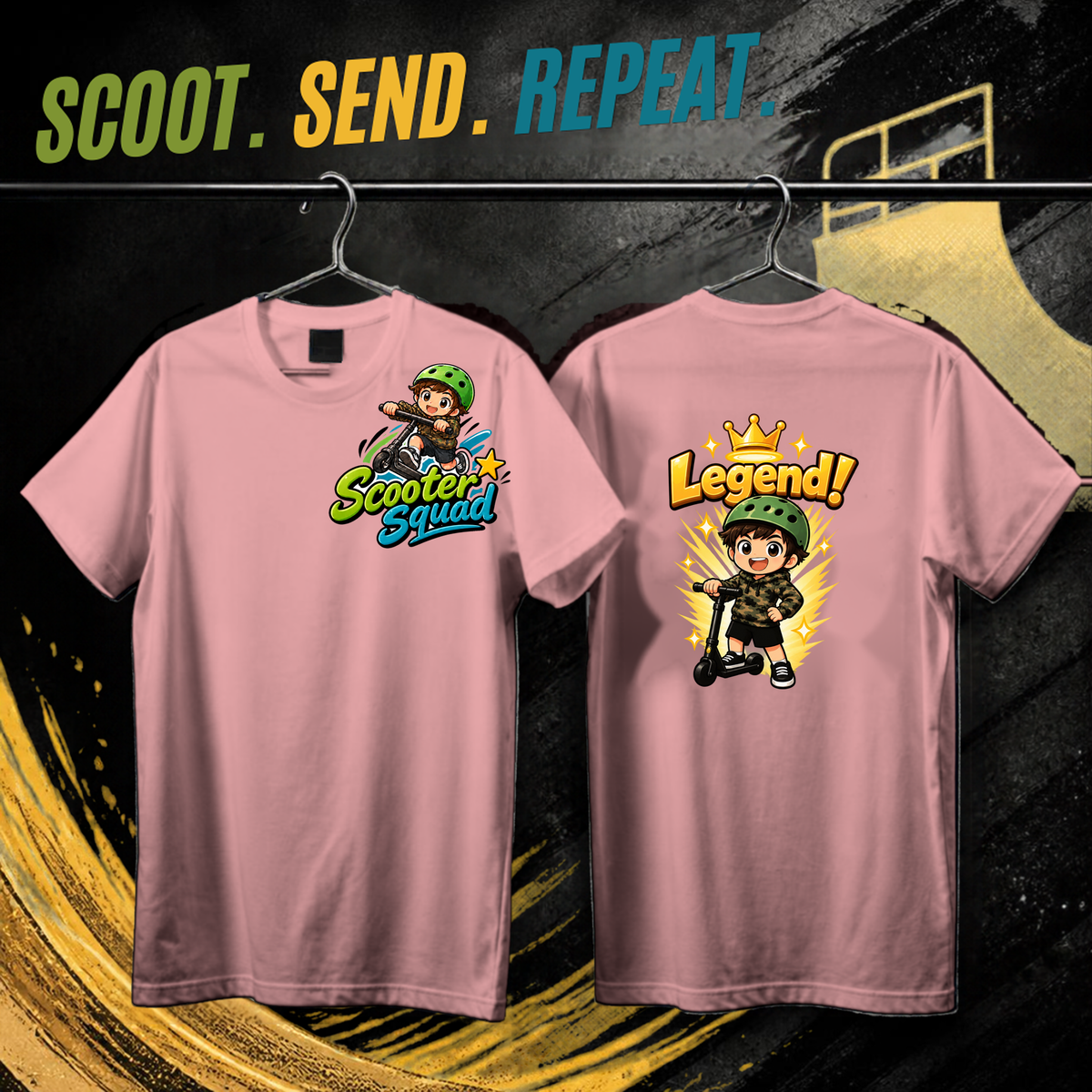 Scooter Squad Legend kids tee in pink, logo on the front, Legend print on the back