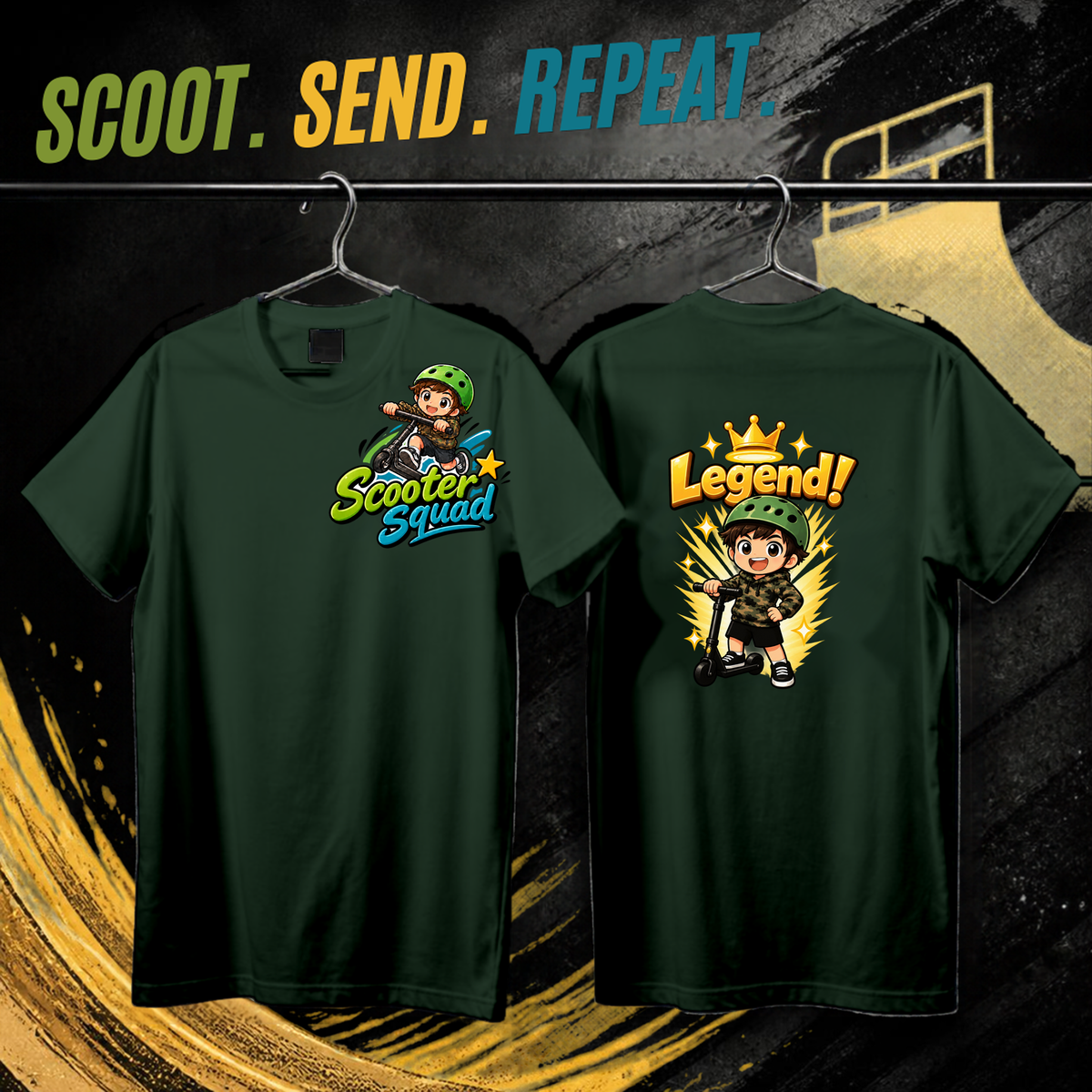 Scooter Squad Legend kids tee in forest green, logo on the front, Legend print on the back