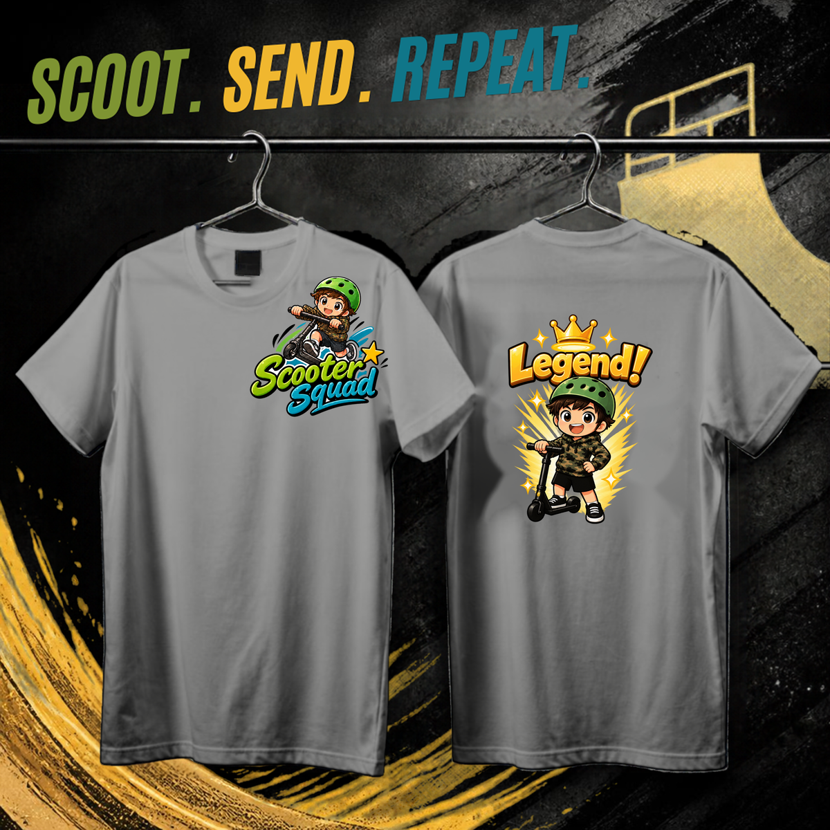 Scooter Squad Legend kids tee in grey marle, logo on the front, Legend print on the back