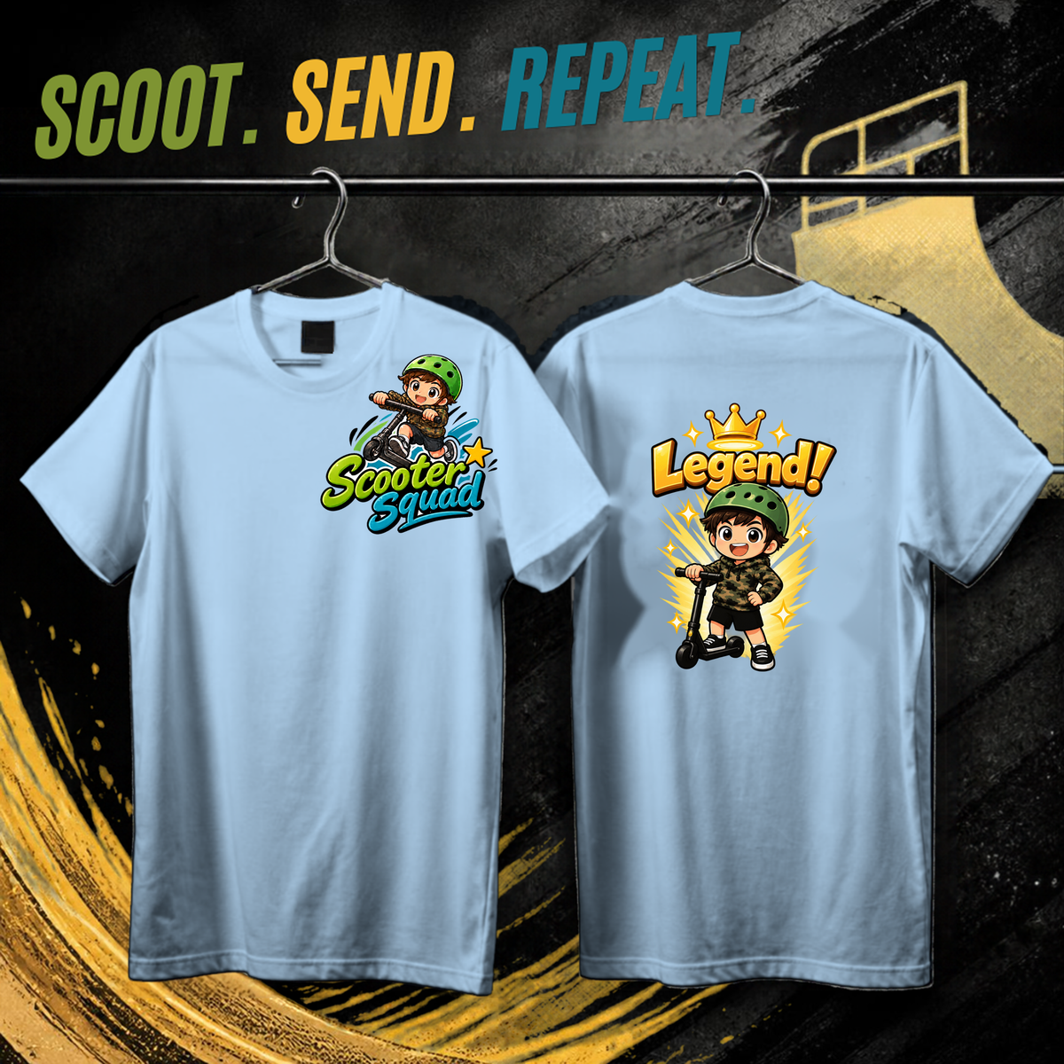 Scooter Squad Legend kids tee in light blue, logo on the front, Legend print on the back