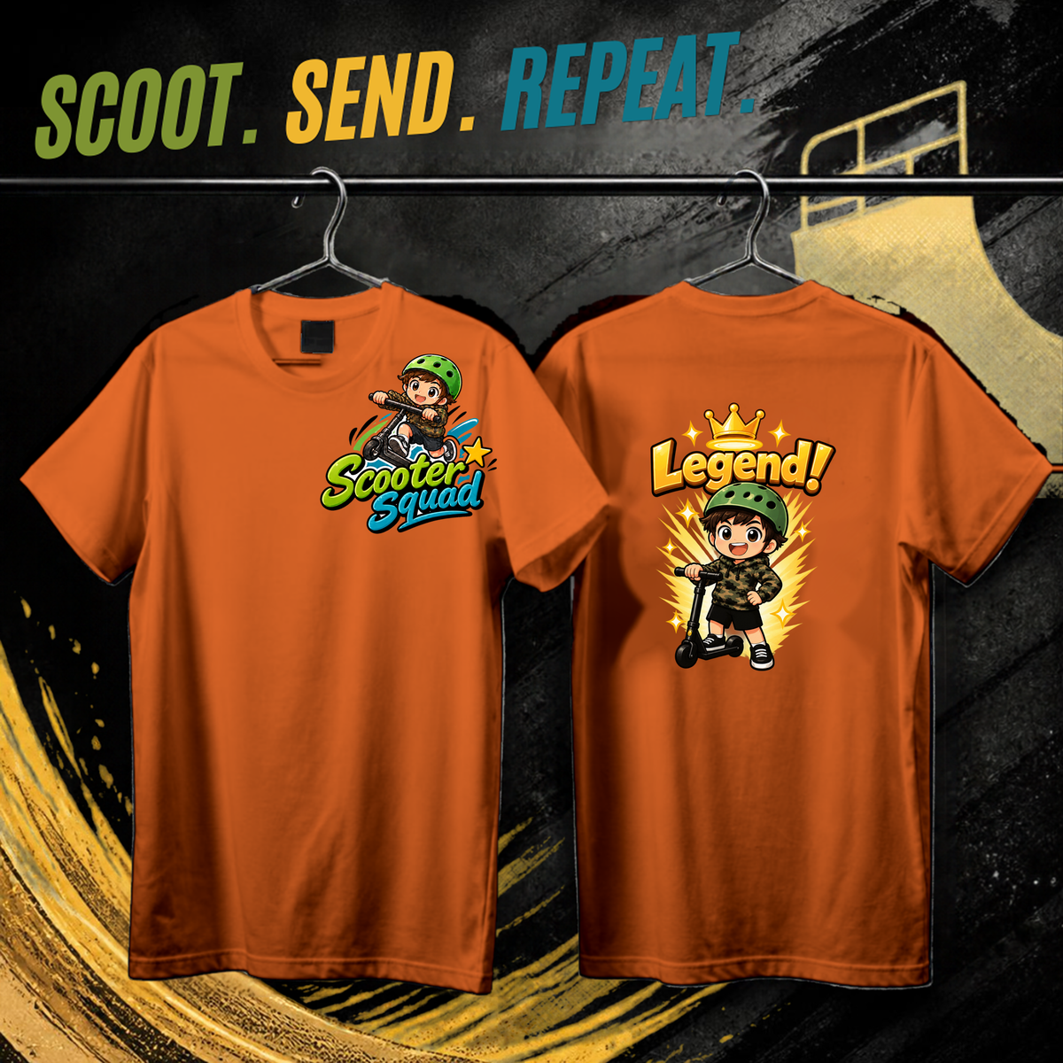 Scooter Squad Legend kids tee in orange, logo on the front, Legend print on the back