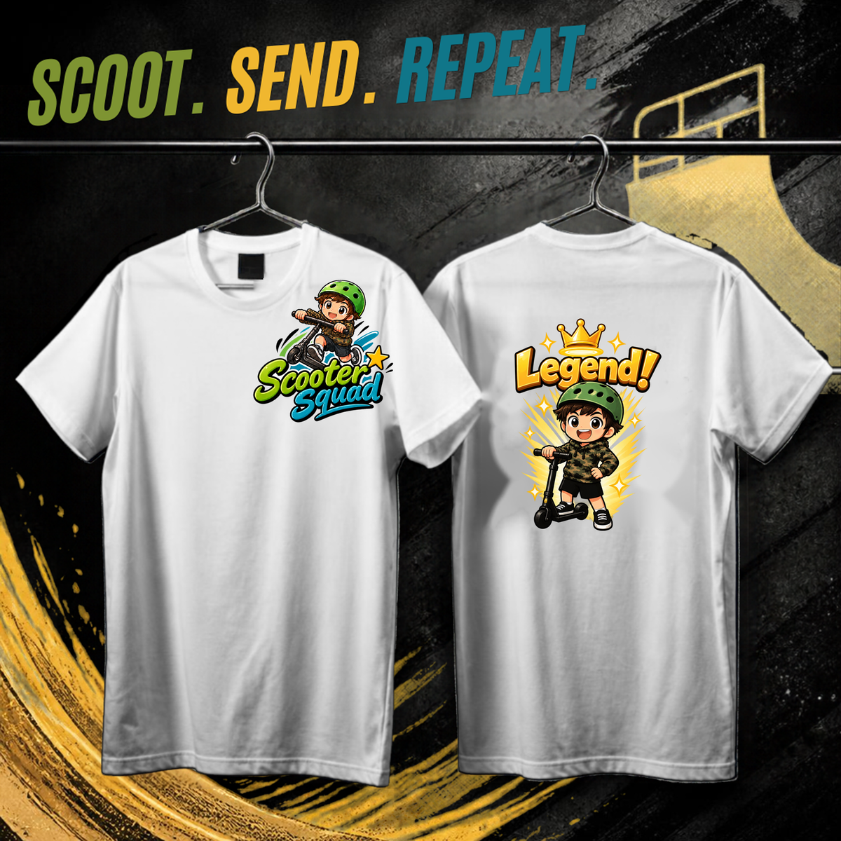 Scooter Squad Legend kids tee in white, logo on the front, Legend print on the back
