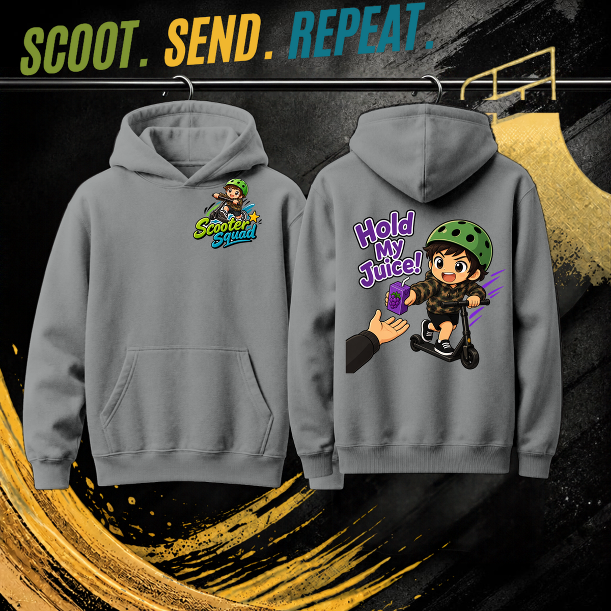 Hold My Juice mens hoodie in grey marle, Scooter Squad logo front, Hold My Juice on the back