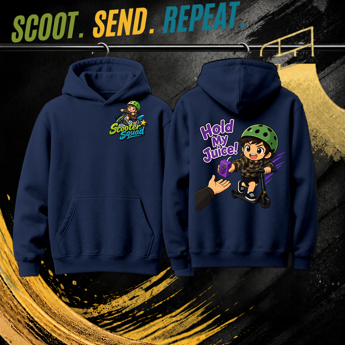 Hold My Juice mens hoodie in navy, Scooter Squad logo front, Hold My Juice on the back