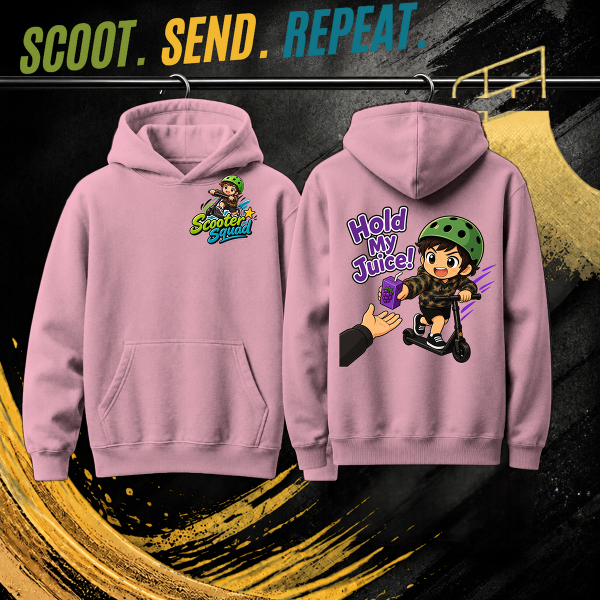Hold My Juice mens hoodie in pink, Scooter Squad logo front, Hold My Juice on the back