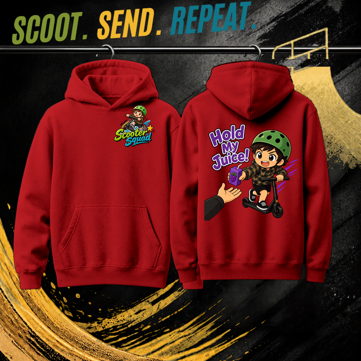Hold My Juice mens hoodie in red, Scooter Squad logo front, Hold My Juice on the back