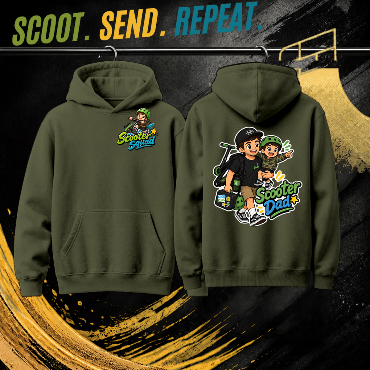 Scooter Dad mens hoodie in army, Scooter Squad logo front, Scooter Dad on the back