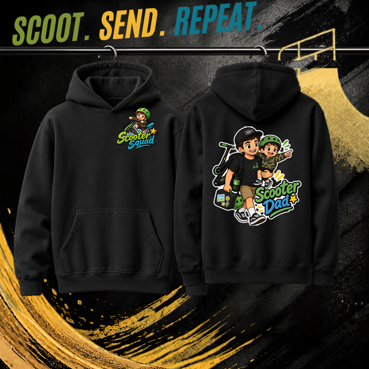 Scooter Dad mens hoodie in black, Scooter Squad logo front, Scooter Dad on the back