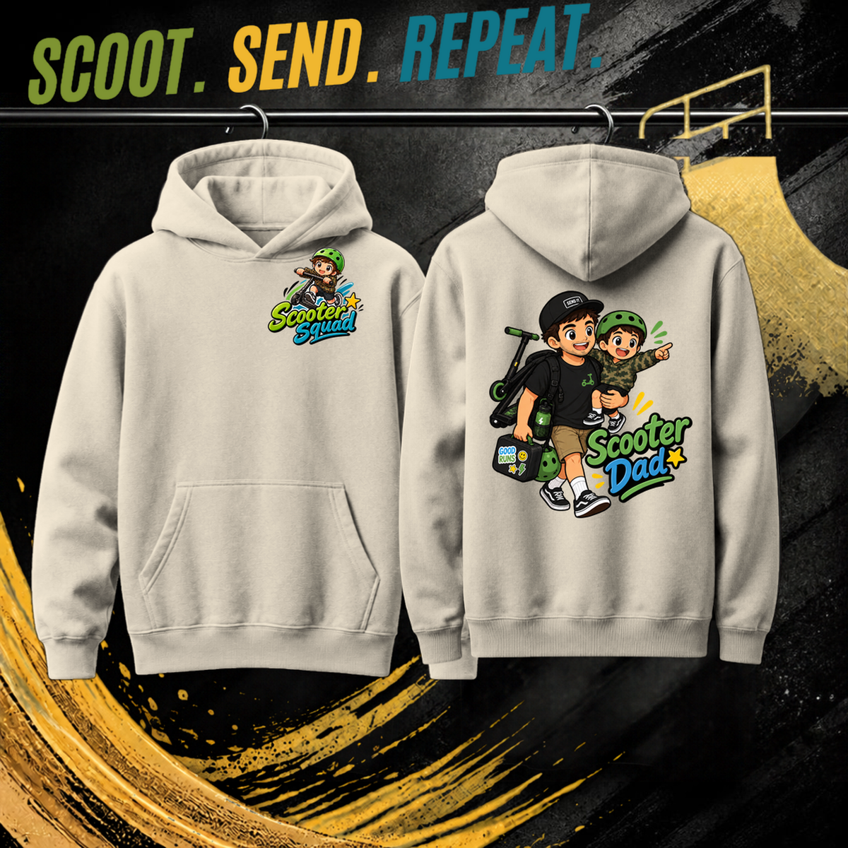 Scooter Dad mens hoodie in ecru, Scooter Squad logo front, Scooter Dad on the back