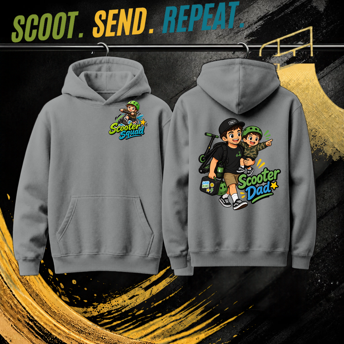Scooter Dad mens hoodie in grey marle, Scooter Squad logo front, Scooter Dad on the back