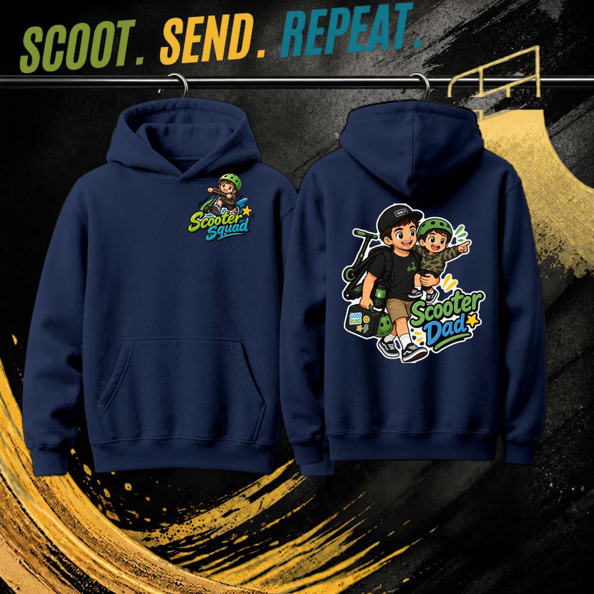 Scooter Dad mens hoodie in navy, Scooter Squad logo front, Scooter Dad on the back