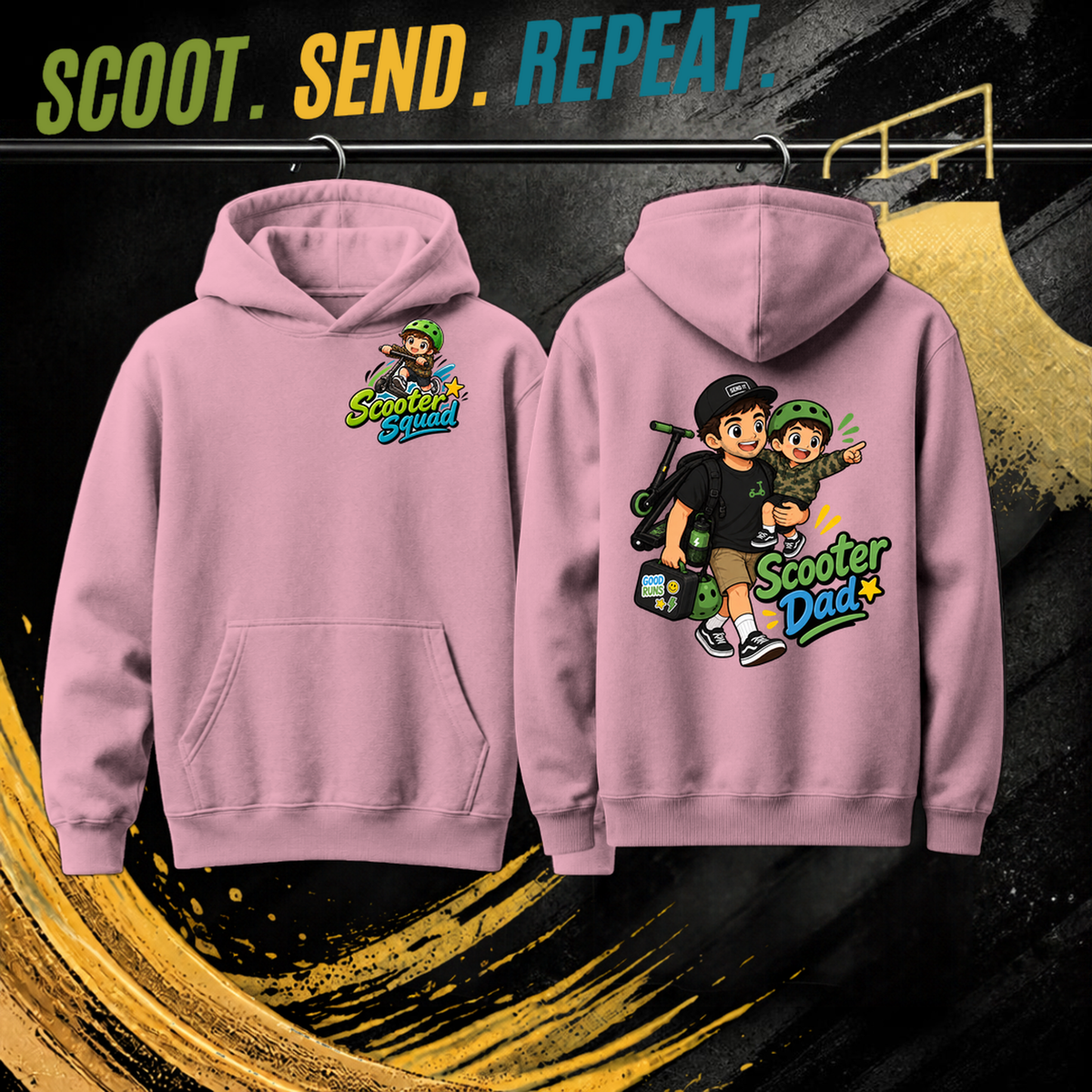 Scooter Dad mens hoodie in pink, Scooter Squad logo front, Scooter Dad on the back