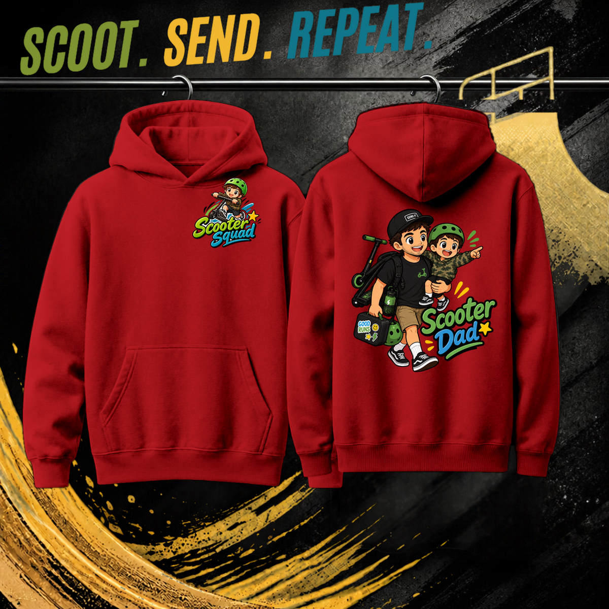 Scooter Dad mens hoodie in red, Scooter Squad logo front, Scooter Dad on the back