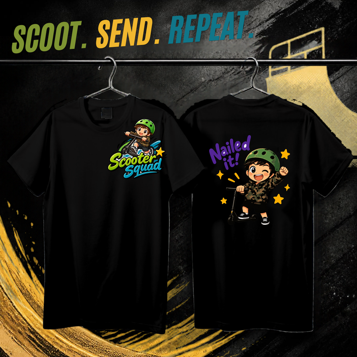 Scooter Squad Nailed It kids tee in black, logo on the front, Nailed It print on the back