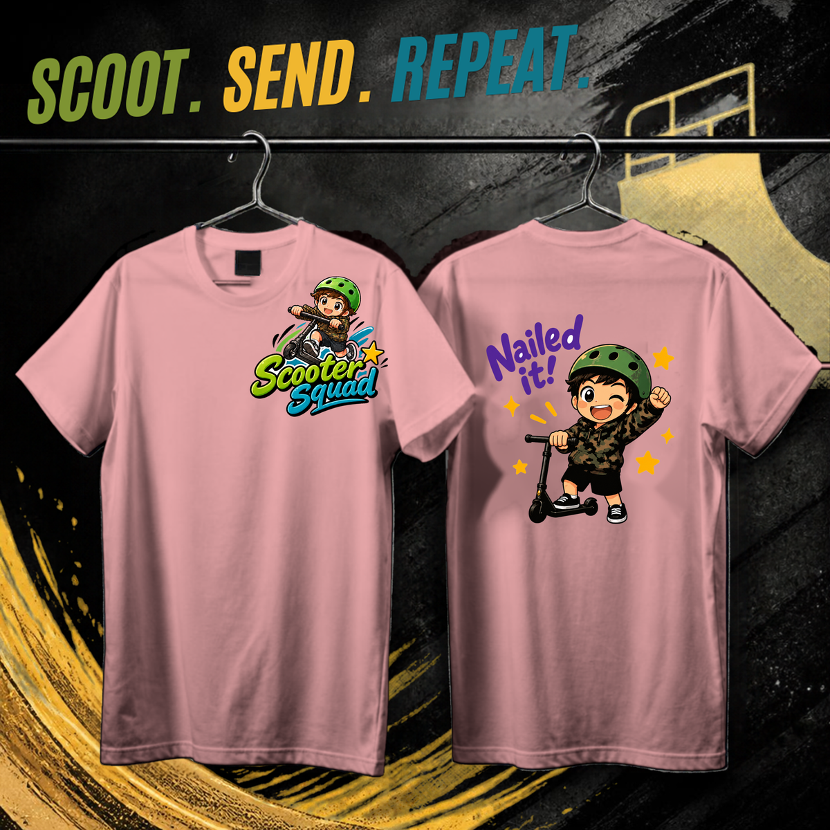 Scooter Squad Nailed It kids tee in pink, logo on the front, Nailed It print on the back