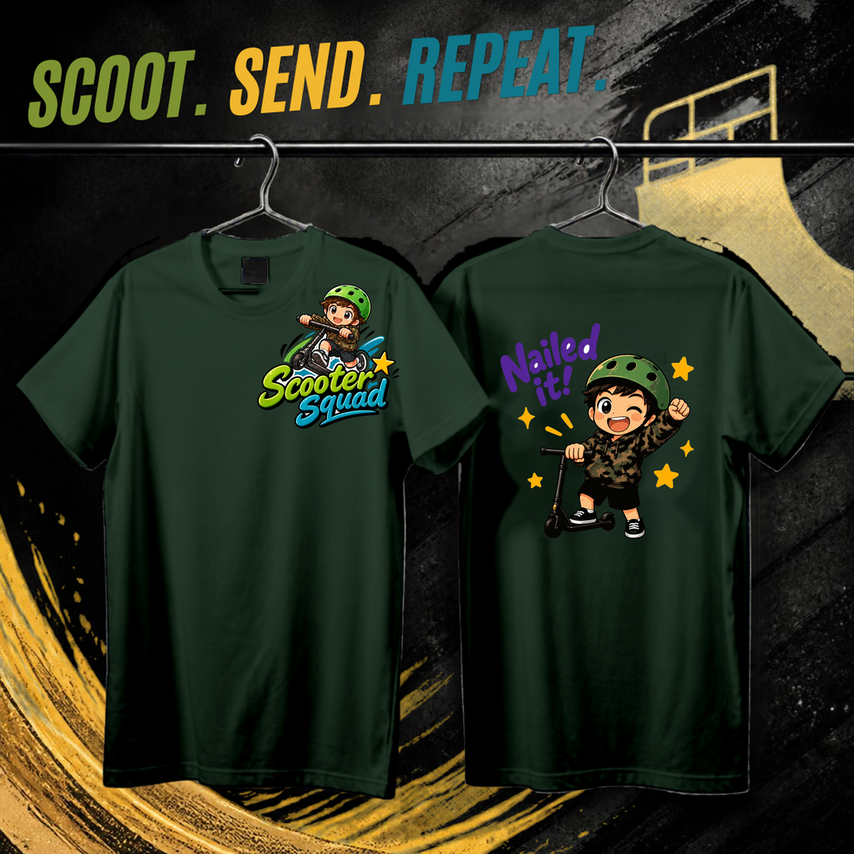 Scooter Squad Nailed It kids tee in forest green, logo on the front, Nailed It print on the back