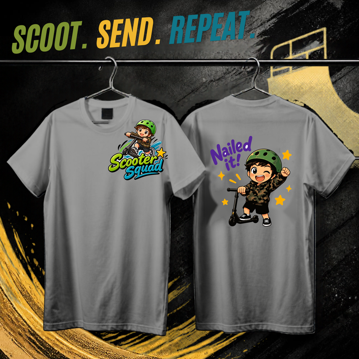 Scooter Squad Nailed It kids tee in grey marle, logo on the front, Nailed It print on the back