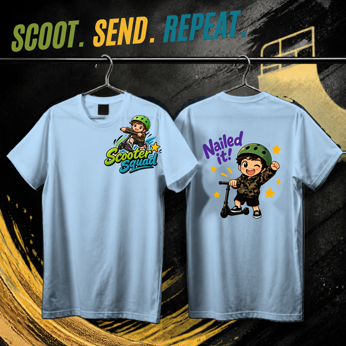 Scooter Squad Nailed It kids tee in light blue, logo on the front, Nailed It print on the back