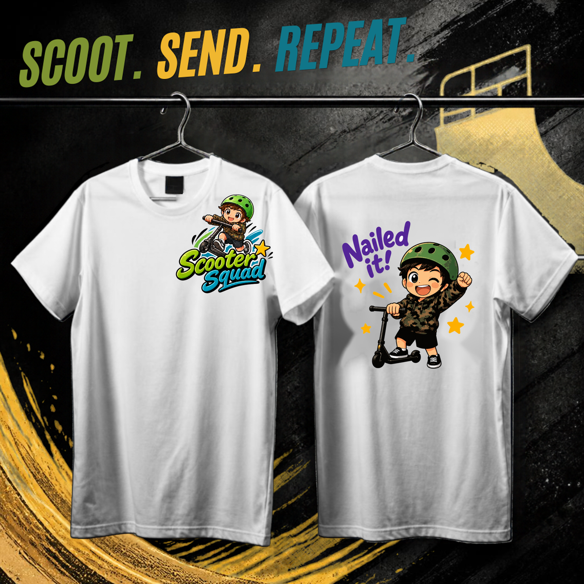 Scooter Squad Nailed It kids tee in white, logo on the front, Nailed It print on the back