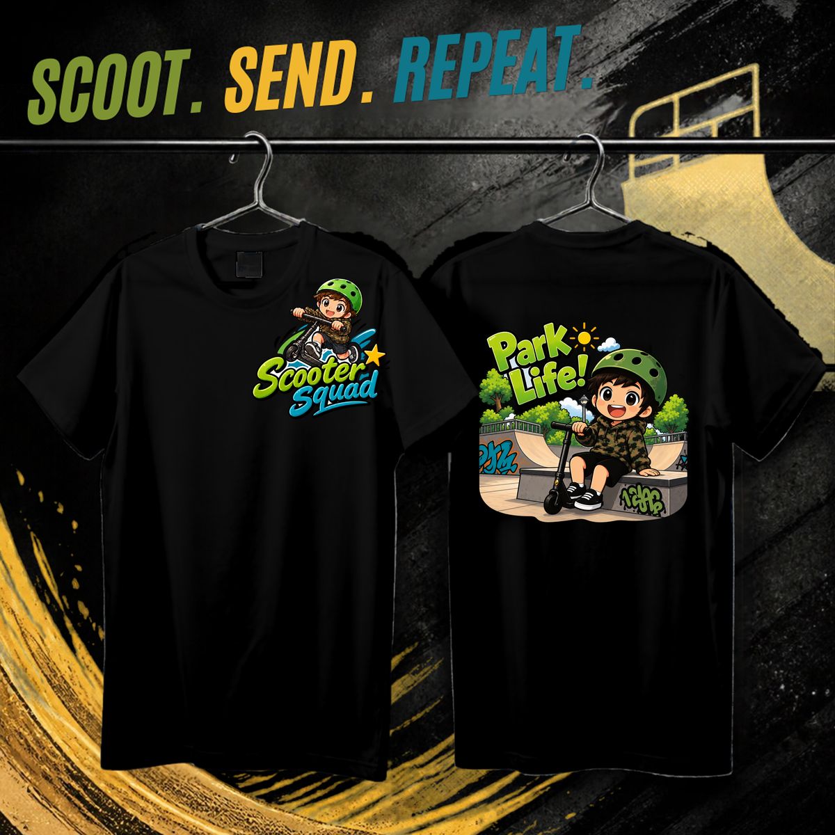 Scooter Squad Park Life kids tee in black, logo on the front, Park Life print on the back