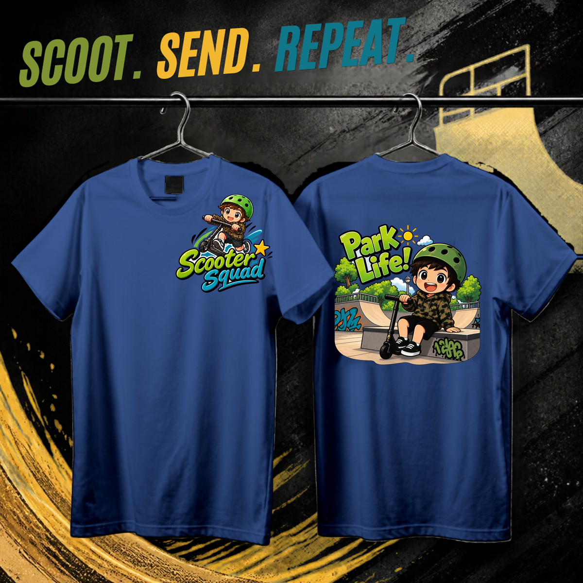 Scooter Squad Park Life kids tee in royal blue, logo on the front, Park Life print on the back