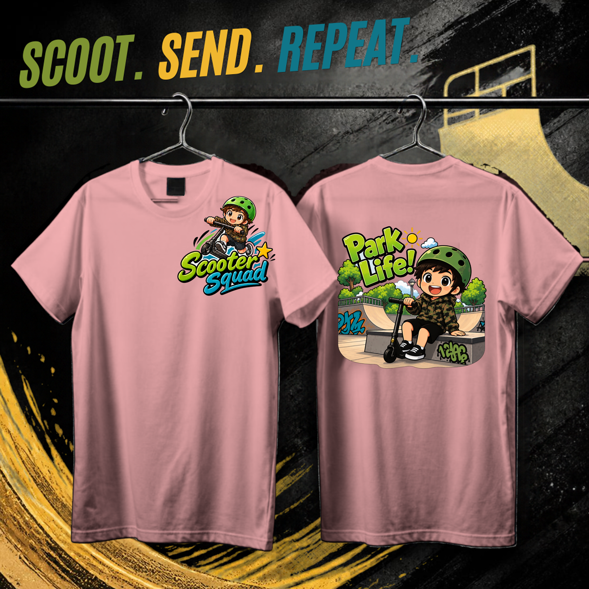 Scooter Squad Park Life kids tee in pink, logo on the front, Park Life print on the back