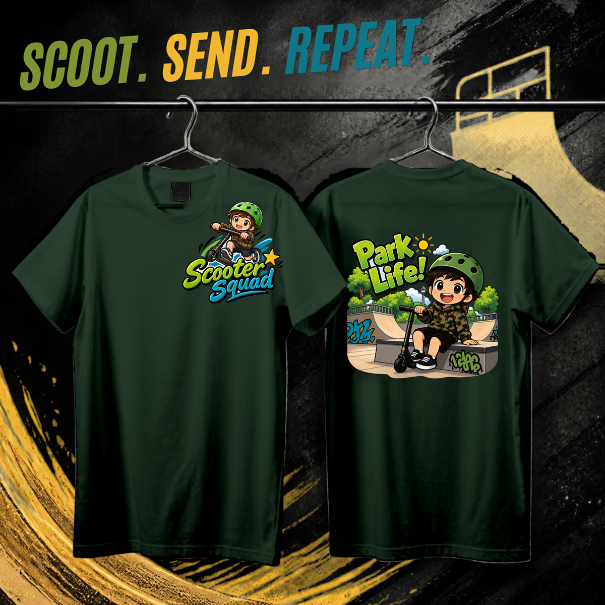 Scooter Squad Park Life kids tee in forest green, logo on the front, Park Life print on the back