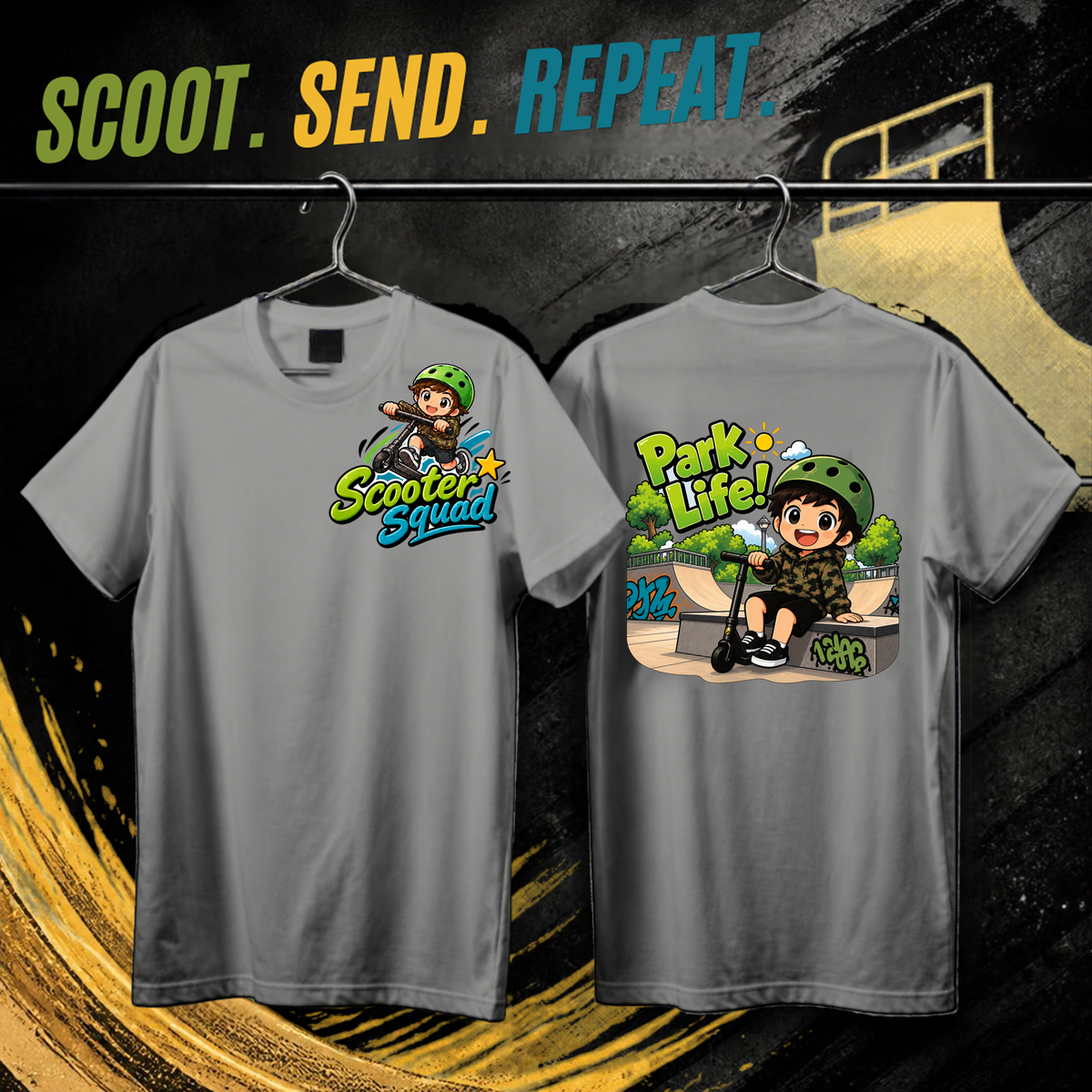 Scooter Squad Park Life kids tee in grey marle, logo on the front, Park Life print on the back